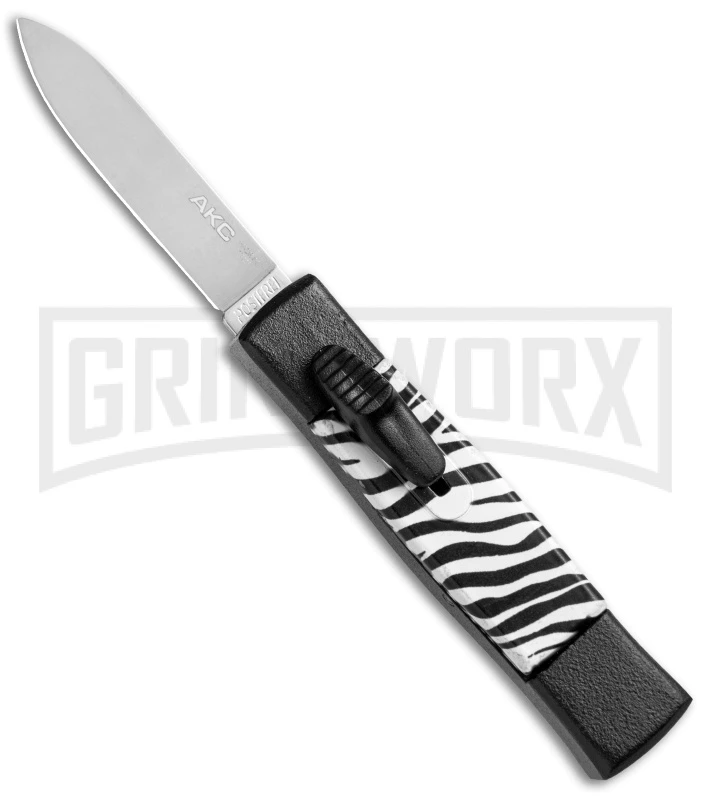 AKC Minion Concord Zebra OTF Automatic Knife - Flat Grind Satin Plain AKC Minion Concord Zebra OTF Automatic Knife - Flat Grind Satin Plain -Grindworx Shop AKC Concord Minion Zebra Flat Satin BP 18948 jr 2 large