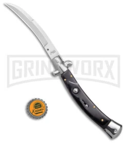 AKC Curved Stiletto Black Marble Automatic Knife W/Bottom Bolster - Satin Plain -Grindworx Shop AKC Curved Stiletto Black Marble Auto Satin GX 41027 jr bottlecap large