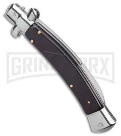 AKC Curved Stiletto Black Marble Automatic Knife W/Bottom Bolster - Satin Plain -Grindworx Shop AKC Curved Stiletto Black Marble Auto Satin GX 41027 jr side large