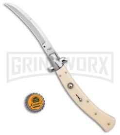 AKC Curved Stiletto Ivory Automatic Knife - Satin Plain -Grindworx Shop AKC Curved Stiletto Ivory Auto Satin GX 41026 jr bottlecap large