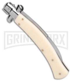 AKC Curved Stiletto Ivory Automatic Knife - Satin Plain -Grindworx Shop AKC Curved Stiletto Ivory Auto Satin GX 41026 jr side large