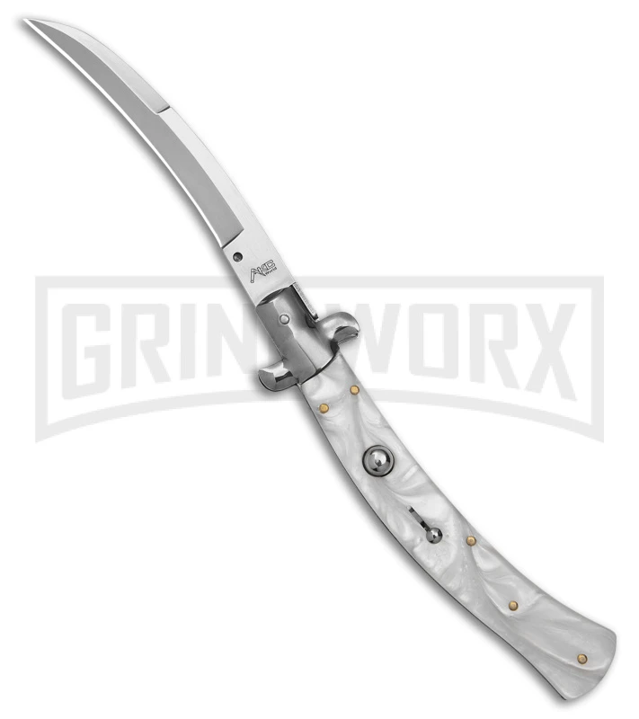 AKC Curved Stiletto White Pearlex Automatic Knife - Bayo Satin AKC Curved Stiletto White Pearlex Automatic Knife - Bayo Satin -Grindworx Shop AKC Curved Stiletto White Pealex AK 4in Satin GX 41021 td large