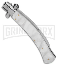 AKC Curved Stiletto White Pearlex Automatic Knife - Bayo Satin 2 AKC Curved Stiletto White Pearlex Automatic Knife - Bayo Satin -Grindworx Shop AKC Curved Stiletto White Pealex AK 4in Satin GX 41021 td side large