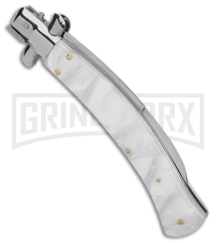 AKC Curved Stiletto White Pearlex Automatic Knife - Bayo Satin AKC Curved Stiletto White Pearlex Automatic Knife - Bayo Satin -Grindworx Shop AKC Curved Stiletto White Pealex AK 4in Satin GX 41021 td side large