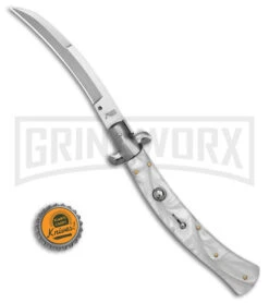 AKC Curved Stiletto White Pearlex Automatic Knife - Bayo Satin 3 AKC Curved Stiletto White Pearlex Automatic Knife - Bayo Satin -Grindworx Shop AKC Curved Stiletto White Pealex AK 4in Satin GX 41021 td size large