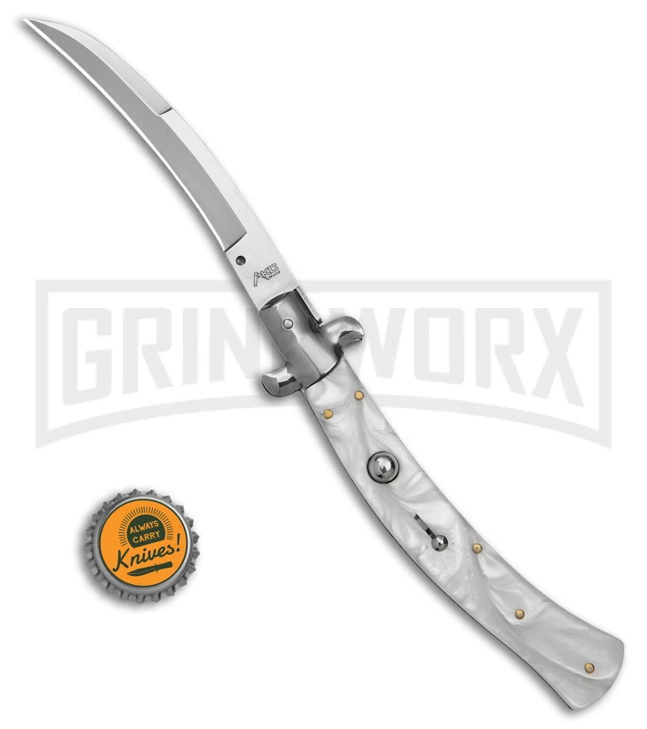 AKC Curved Stiletto White Pearlex Automatic Knife - Bayo Satin AKC Curved Stiletto White Pearlex Automatic Knife - Bayo Satin -Grindworx Shop AKC Curved Stiletto White Pealex AK 4in Satin GX 41021 td size large