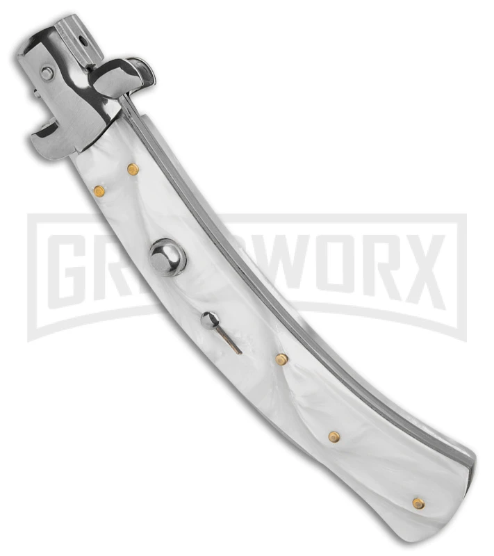 AKC Curved Stiletto White Pearlex Automatic Knife - Bayo Satin AKC Curved Stiletto White Pearlex Automatic Knife - Bayo Satin -Grindworx Shop AKC Curved Stiletto White Pealex AK 4in Satin GX 41021 td spine large