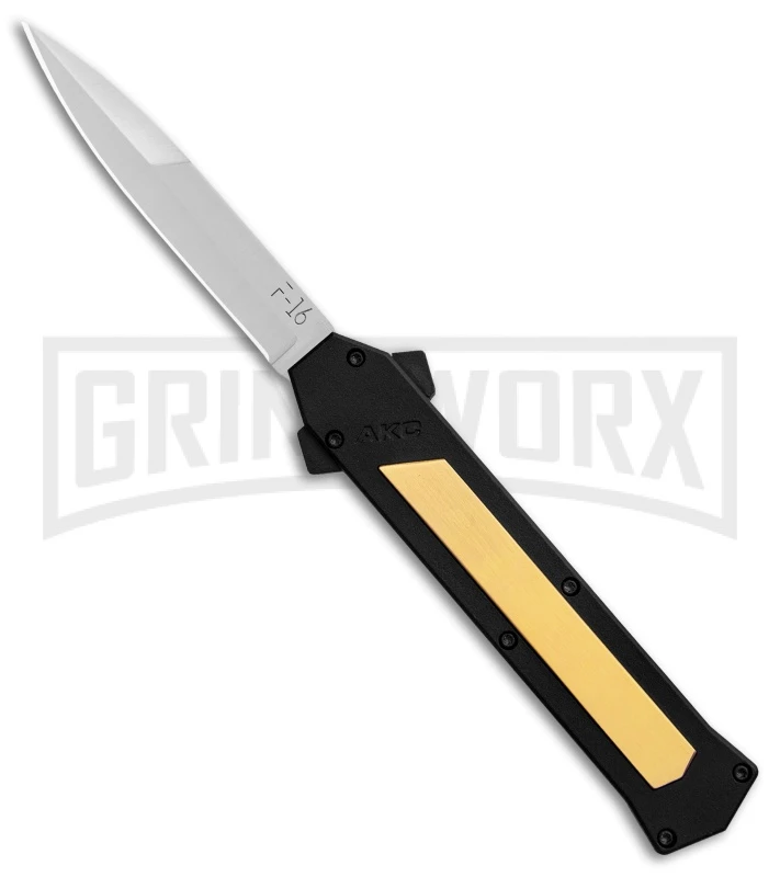AKC F-16 Brass D/A OTF Automatic Knife - Bayo Satin Plain AKC F-16 Brass D/A OTF Automatic Knife - Bayo Satin Plain -Grindworx Shop AKC F 16 BHQ Exclusive Brass Bayo Satin Plain GX 30990 er large