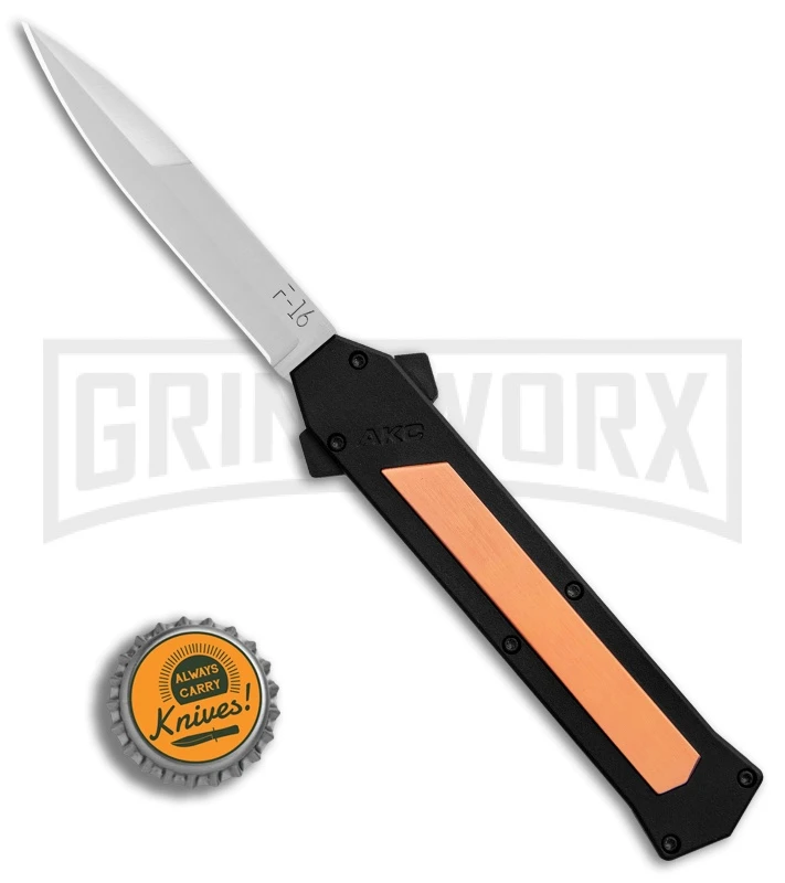 AKC F-16 Copper D/A OTF Automatic Knife - Bayo Satin Plain AKC F-16 Copper D/A OTF Automatic Knife - Bayo Satin Plain -Grindworx Shop AKC F 16 BHQ Exclusive Copper Bayo Satin Plain GX 30992 er bottlecap large