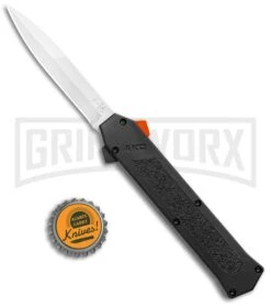 AKC F-16 Black D/A OTF Automatic Knife + Orange Button - Bayo Satin Plain -Grindworx Shop AKC F 16 DA Bayo OTF Auto Black Orange Button Satin BHQ 102935 jr bottlecap large