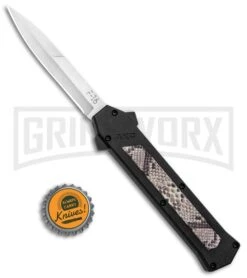 AKC F-16 Diamondback D/A OTF Automatic Knife - Bayo Satin Plain -Grindworx Shop AKC F 16 DA Bayo OTF Auto Diamondback Satin BHQ 131609 jr bottlecap large