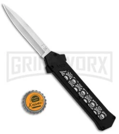 AKC F-16 Skulls D/A OTF Automatic Knife - Bayo Satin Plain -Grindworx Shop AKC F 16 DA Bayo OTF Auto Skulls Satin BHQ 84593 jr bottlecap large
