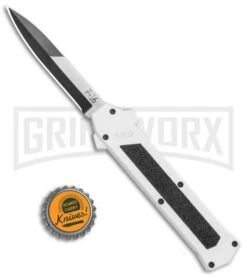 AKC F-16 White D/A OTF Automatic Knife - Bayo Two Tone Plain -Grindworx Shop AKC F 16 DA Bayo OTF Auto White TT BHQ 114660 jr bottlecap large