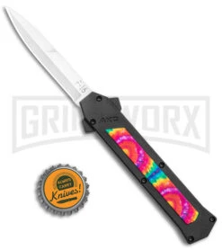 AKC F-16 Tie Dye D/A OTF Automatic Knife - Bayo Satin Plain -Grindworx Shop AKC F 16 DA Bayo OTF Tie Dye Satin BHQ 143649 jr bottlecap large