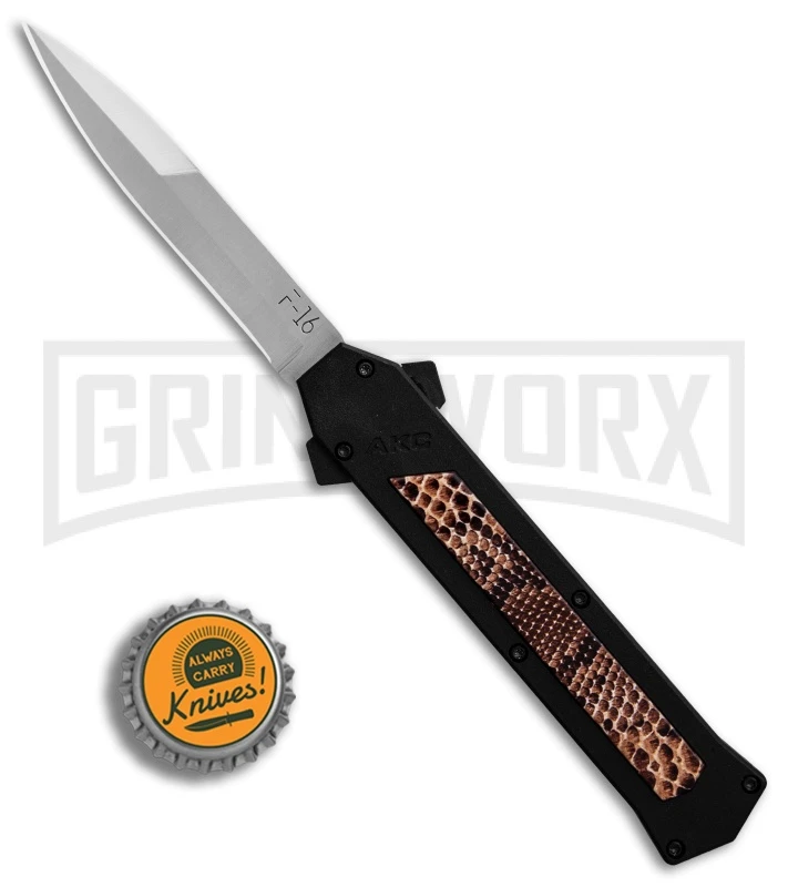 AKC F-16 Snake Skin D/A OTF Automatic Knife - Bayo Satin Plain AKC F-16 Snake Skin D/A OTF Automatic Knife - Bayo Satin Plain -Grindworx Shop AKC F 16 DA Bayonet Snake Skin Satin BHQ 78292 er bottlecap large