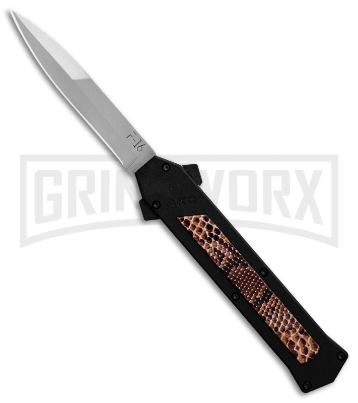AKC F-16 Snake Skin D/A OTF Automatic Knife - Bayo Satin Plain AKC F-16 Snake Skin D/A OTF Automatic Knife - Bayo Satin Plain -Grindworx Shop AKC F 16 DA Bayonet Snake Skin Satin BHQ 78292 er large