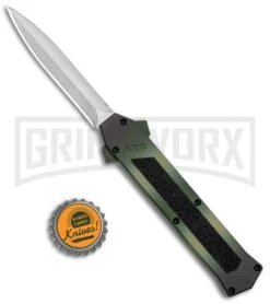 AKC F-16 Green Camo D/A OTF Automatic Knife - Dagger Satin Plain -Grindworx Shop AKC F 16 DA Dagger Camo OTF Auto Green Satin BHQ 125374 jr bottlecap large