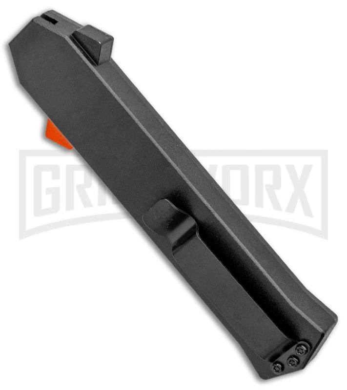 AKC F-16 Black D/A OTF Automatic Knife + Orange Button - Dagger Satin Plain AKC F-16 Black D/A OTF Automatic Knife + Orange Button - Dagger Satin Plain -Grindworx Shop AKC F 16 DA Dagger OTF Auto Black Orange Button Satin BHQ 98892 jr side large