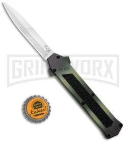 AKC F-16 OD Green Camo D/A OTF Automatic Knife - Bayo Satin Plain -Grindworx Shop AKC F 16 DA Dagger OTF Auto OD Green Camo Satin BHQ 125319 jr bottlecap large