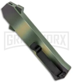 AKC F-16 OD Green Camo D/A OTF Automatic Knife - Bayo Satin Plain -Grindworx Shop AKC F 16 DA Dagger OTF Auto OD Green Camo Satin BHQ 125319 jr side large