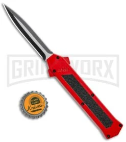 AKC F-16 Red D/A Dagger OTF Automatic Knife - Dagger Two Tone Plain -Grindworx Shop AKC F 16 DA Dagger OTF Auto Red TT BHQ 112389 jr bottlecap large