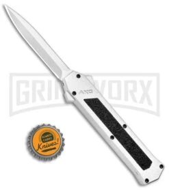 AKC F-16 White D/A OTF Automatic Knife - Dagger Satin Plain -Grindworx Shop AKC F 16 DA Dagger OTF White Satin BHQ 94221 jr bottlecap large