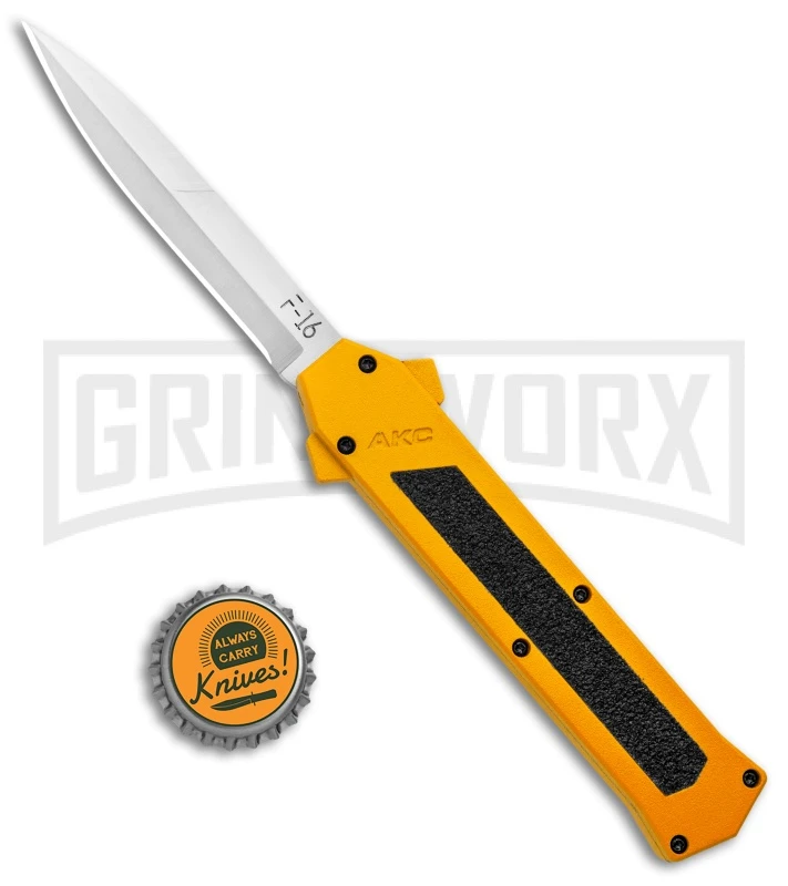 AKC F-16 Yellow D/A OTF Automatic Knife - Bayonet Satin Plain AKC F-16 Yellow D/A OTF Automatic Knife - Bayonet Satin Plain -Grindworx Shop AKC F 16 Yellow DA OTF Auto Bayo Satin GX 37617 jr bottlecap large