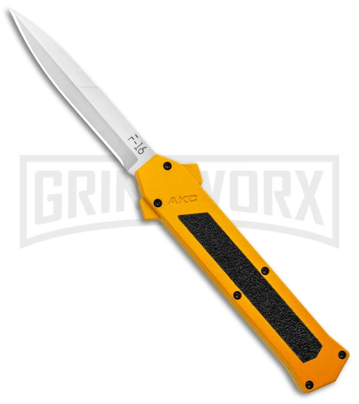 AKC F-16 Yellow D/A OTF Automatic Knife - Bayonet Satin Plain AKC F-16 Yellow D/A OTF Automatic Knife - Bayonet Satin Plain -Grindworx Shop AKC F 16 Yellow DA OTF Auto Bayo Satin GX 37617 jr large