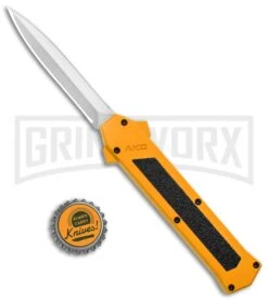AKC F-16 Yellow D/A OTF Automatic Knife - Dagger Satin Plain -Grindworx Shop AKC F 16 Yellow DA OTF Auto Dagger Satin GX 37626 jr bottlecap large