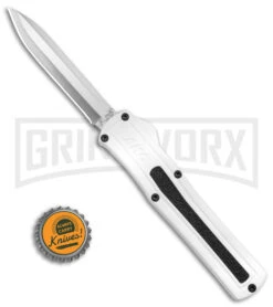 AKC F-20 White D/A OTF Automatic Knife - Spear Point Satin Plain -Grindworx Shop AKC F 20 D A Spear Point OTF AK White Aluminium 3in Satin BHQ 158200 td size large
