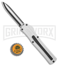 AKC F-20 White Aluminum D/A Drop Point OTF Automatic Knife - Two Tone Plain -Grindworx Shop AKC F 20 DA DP OTF Auto White Aluminum TT BHQ 179282 jr bottlecap large