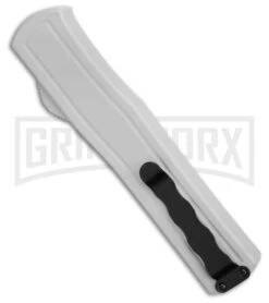 AKC F-20 White Aluminum D/A Drop Point OTF Automatic Knife - Two Tone Plain -Grindworx Shop AKC F 20 DA DP OTF Auto White Aluminum TT BHQ 179282 jr side large