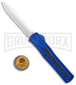 AKC F-20 Blue D/A OTF Automatic Knife - Spear Point Satin Plain -Grindworx Shop AKC F 20 DA Dagger OTF Auto Blue Satin BHQ 140833 jr bottlecap large
