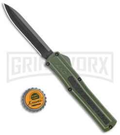 AKC F-20 Green D/A OTF Automatic Knife - Black Plain -Grindworx Shop AKC F 20 DA Dagger OTF Auto OD Green Black BHQ 140846 jr bottlecap large