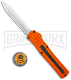 AKC F-20 Orange D/A OTF Drop Point Automatic Knife - Satin Plain -Grindworx Shop AKC F 20 DA Dagger OTF Auto Orange Satin BHQ 140491 jr bottlecap large