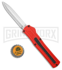 AKC F-20 Red Aluminum DBL Dagger OTF Automatic Knife - Satin Plain -Grindworx Shop AKC F 20 DA Dagger OTF Auto Red Aluminum Satin BHQ 179208 jr bottlecap large