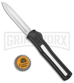 AKC F-20 Black W/ White Inlay D/A OTF Automatic Knife - Satin Plain -Grindworx Shop AKC F 20 DA SP OTF Auto Black White Inlay Satin BHQ 152917 jr bottlecap large