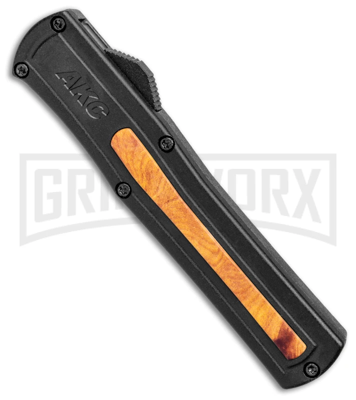 AKC F-20 Black w/ Wood Inlay D/A OTF Automatic Knife - Satin Plain AKC F-20 Black W/ Wood Inlay D/A OTF Automatic Knife - Satin Plain -Grindworx Shop AKC F 20 DA SP OTF Auto Black Wood Inlay Satin BHQ 152445 jr spine large
