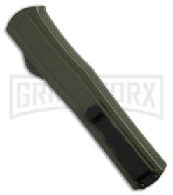 AKC F-20 D/A OTF OD Green Aluminum Automatic Knife - Satin Plain -Grindworx Shop AKC F20 DA OTF AK Dagger OD Green Alum 3in Satin BHQ 178613 td side large