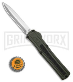AKC F-20 D/A OTF OD Green Aluminum Automatic Knife - Satin Plain -Grindworx Shop AKC F20 DA OTF AK Dagger OD Green Alum 3in Satin BHQ 178613 td size large