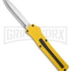 AKC F-20 D/A Dagger Yellow Aluminum OTF Automatic Knife - Satin Plain -Grindworx Shop AKC F20 DA OTF AK Dagger yellow Alum 3in Satin BHQ 178761 td large