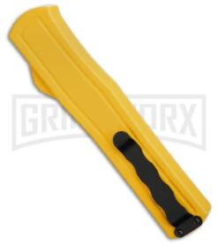 AKC F-20 D/A Dagger Yellow Aluminum OTF Automatic Knife - Satin Plain -Grindworx Shop AKC F20 DA OTF AK Dagger yellow Alum 3in Satin BHQ 178761 td side large