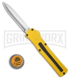 AKC F-20 D/A Dagger Yellow Aluminum OTF Automatic Knife - Satin Plain -Grindworx Shop AKC F20 DA OTF AK Dagger yellow Alum 3in Satin BHQ 178761 td size large