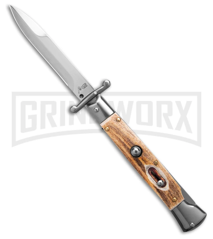 AKC Automatic Swinguard 9" Stag - Satin Bayonet Blade AKC Automatic Swinguard 9" Stag - Satin Bayonet Blade -Grindworx Shop AKC Italian Stiletto Bayonet Swinguard Automatic Knife Stag Horn 4in Satin BHQ 143160 hd large