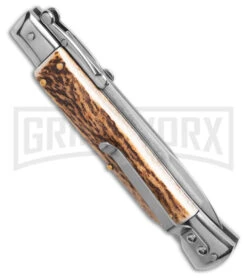 AKC Automatic Swinguard 9" Stag - Satin Bayonet Blade 2 AKC Automatic Swinguard 9" Stag - Satin Bayonet Blade -Grindworx Shop AKC Italian Stiletto Bayonet Swinguard Automatic Knife Stag Horn 4in Satin BHQ 143160 hd side large