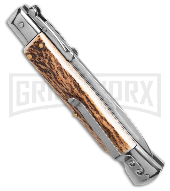 AKC Automatic Swinguard 9" Stag - Satin Bayonet Blade AKC Automatic Swinguard 9" Stag - Satin Bayonet Blade -Grindworx Shop AKC Italian Stiletto Bayonet Swinguard Automatic Knife Stag Horn 4in Satin BHQ 143160 hd side large
