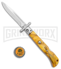 Italian Style 9" Roma Yellow Pearlex Automatic Swinguard - Polished Plain -Grindworx Shop AKC Italian Style 9in Roma DP Auto Swinguard Yellow Pearlex Polished BHQ 175957 jr bottlecap large