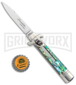 AKC 7.75" Leverletto Abalone Automatic Knife - Flat 3 AKC 7.75" Leverletto Abalone Automatic Knife - Flat -Grindworx Shop AKC Leverletto 7.75 Auto Italian Stiletto Abalone Satin Flat BHQ 104097 jr bottlecap large