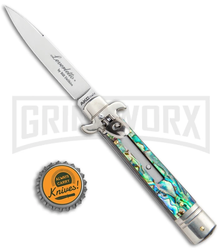AKC 7.75" Leverletto Abalone Automatic Knife - Flat AKC 7.75" Leverletto Abalone Automatic Knife - Flat -Grindworx Shop AKC Leverletto 7.75 Auto Italian Stiletto Abalone Satin Flat BHQ 104097 jr bottlecap large