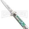 AKC 7.75" Leverletto Abalone Automatic Knife - Flat -Grindworx Shop AKC Leverletto 7.75 Auto Italian Stiletto Abalone Satin Flat BHQ 104097 jr large